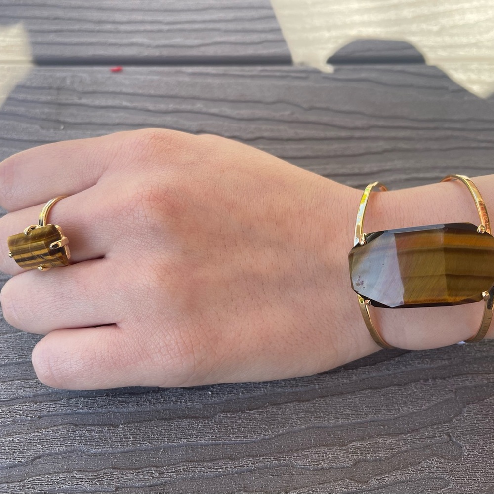 Tiger’s Eye Statement Set – Gold Adjustable Cuff … - image 3